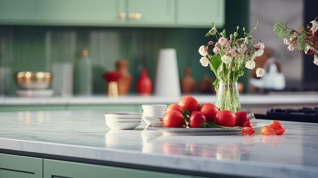 Foto interieur van moderne klassieke keuken groene gevels marmer aanrecht wilde bloemen in een vaas en rood