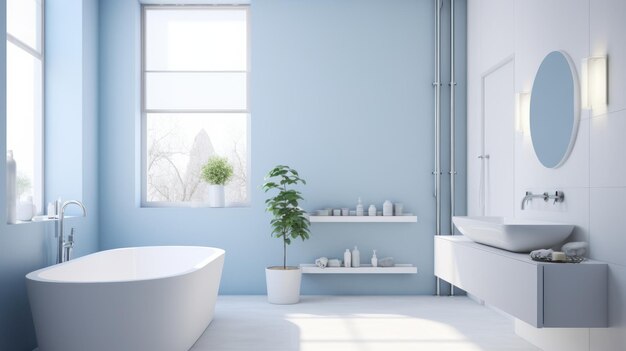 Interieur van moderne luxe badkamer in scandi-stijl met raam en witte muren, vrijstaande badkuip