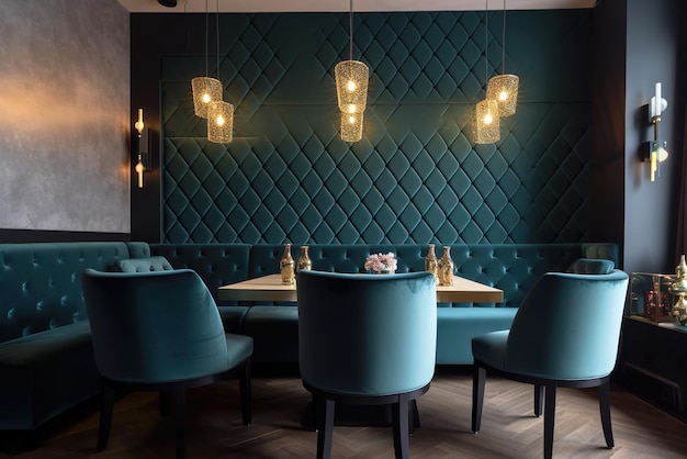 Interieur van moderne luxe restauranttafel en banken in lege kamer generatieve AI