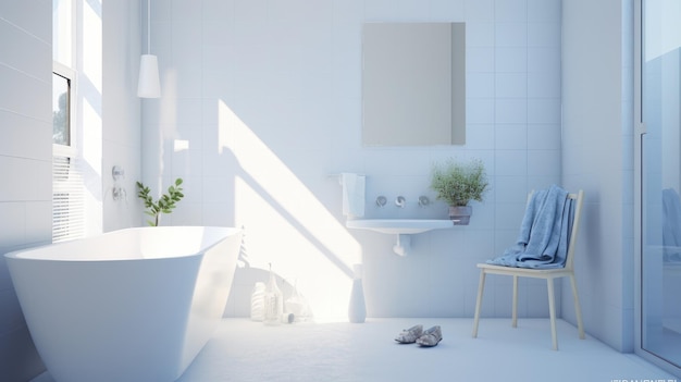 Interieur van moderne luxe scandi badkamer met raam en witte muren vrijstaande badkuipwas