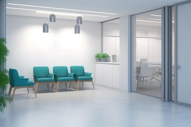 Interieur van moderne medische kliniek kantoor wachtkamer mock up groene banken en receptie