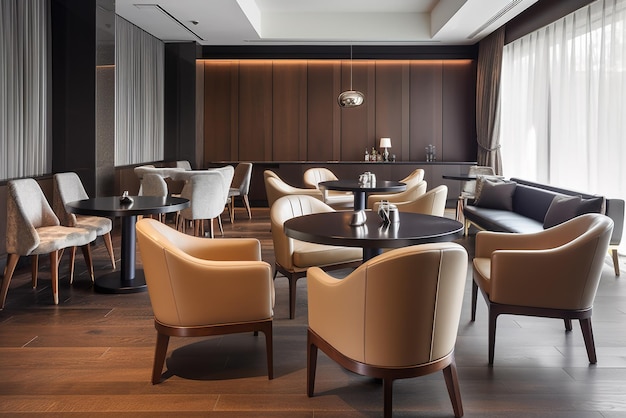 Interieur van moderne restauranttafels en stoelen in lege luxe kamer generatieve AI