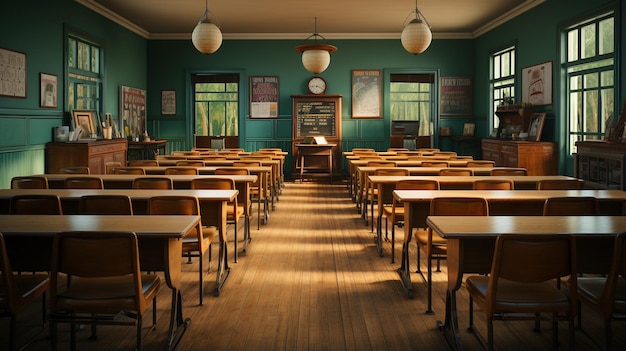 interieur van moderne schoolzaal met stoelen en bureaus