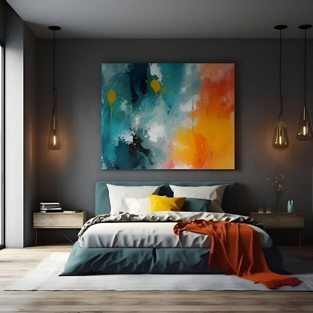 Interieur van moderne slaapkamer met grijze muren houten vloer comfortabel kingsize bed met oranje en blauw linnen en een verticale poster die erboven hangt 3D-rendering