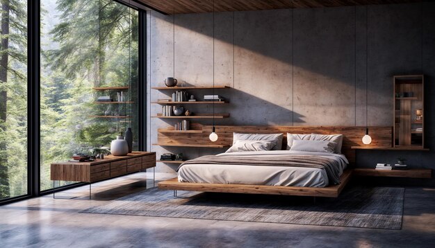 Interieur van moderne slaapkamer met houten en betonnen muren comfortabel king size bed en boekenkast wit