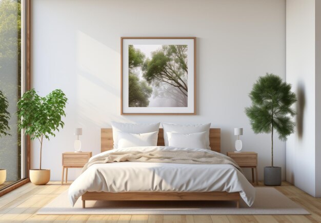 Interieur van moderne slaapkamer met witte muren houten vloer comfortabel king size bed met twee mock up posters