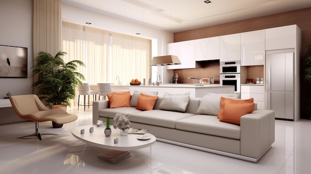 Interieur van moderne woonkamer en keuken met comfortabele bank en salontafel Ai Generated