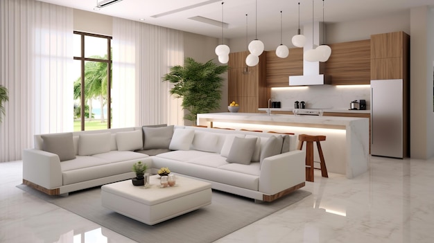 Interieur van moderne woonkamer en keuken met comfortabele bank en salontafel Ai Generated