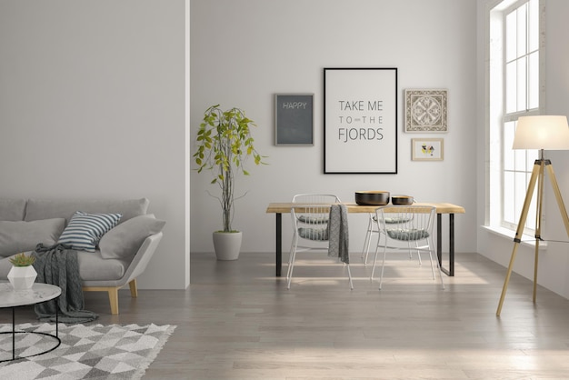 Interieur van moderne woonkamer met bank en meubels 3D-rendering