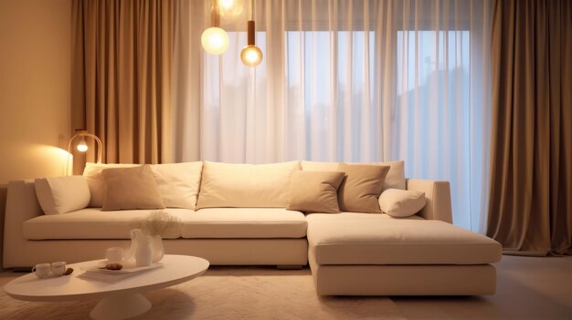interieur van moderne woonkamer met beige stoffen bank en kussens
