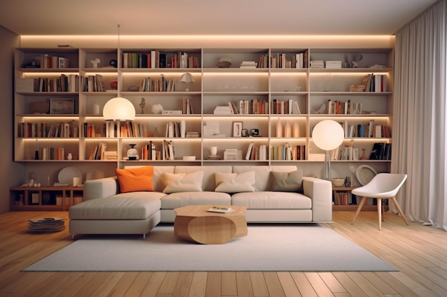 Interieur van moderne woonkamer met boekenplank en bank 3D-rendering