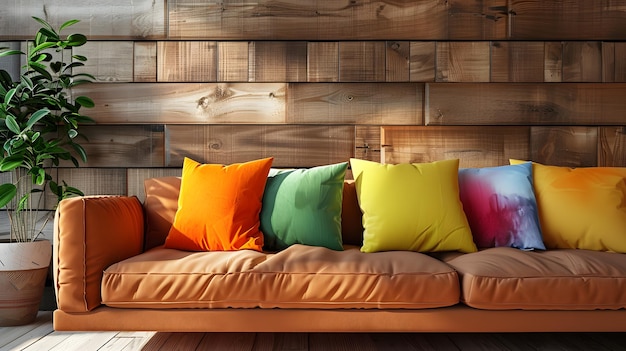 Interieur van moderne woonkamer met bruine houten muren witte bank en planten 3d rendering