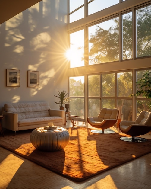 Interieur van moderne woonkamer met grote ramen 3D renderen