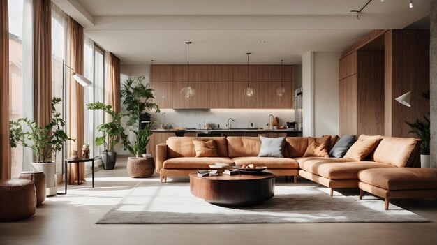 Foto interieur van moderne woonkamer met houten muren houten vloer comfortabele bruine bank en koffie