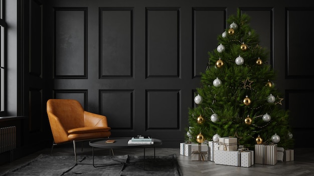 Interieur van moderne woonkamer met kerstboom 3d-rendering