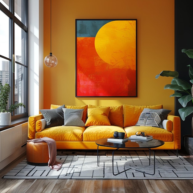 Interieur van moderne woonkamer met oranje muren houten vloer gele bank met kussens koffie ta