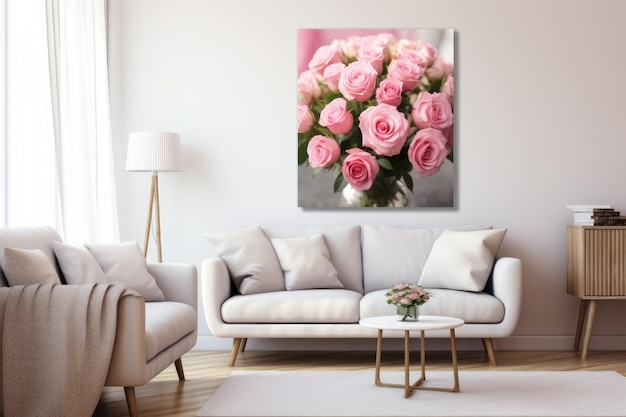 Interieur van moderne woonkamer met witte bank en roze bloemen 3d render petals roos collectie roze rozen vaas tafel favoriet wazig hoog groot doek Australische wilde bloemen AI gegenereerd