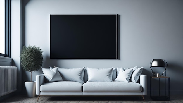 Interieur van moderne woonkamer met witte bank en zwarte mock up poster 3D-rendering
