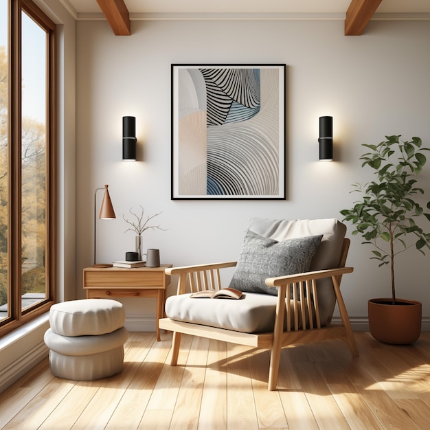 Foto interieur van moderne woonkamer met witte muren houten vloer comfortabele bank en twee vazen met f