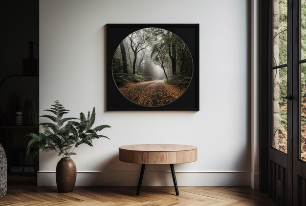 Interieur van moderne woonkamer met witte muren houten vloer ronde houten tafel en zwarte mock up