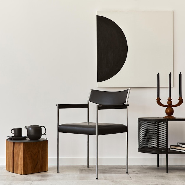 Foto interieur van moderne woonkamer met zwarte stijlvolle commode, stoel, mock-up kunstschilderijen, lamp, boek, kandelaar, decoraties en elegante accessoires in woondecoratie. sjabloon.