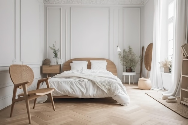 Interieur van mooie moderne slaapkamer slaapkamer met bed voor de muur 3d render Loft en moderne slaapkamer Scandinavische stijl slaapkamer Stijlvol slaapkamerinterieur in trendy generatieve AI