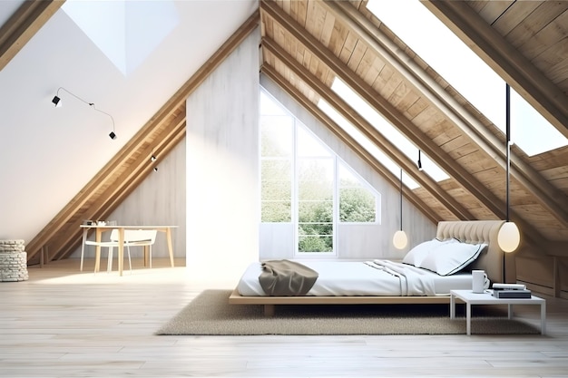 Interieur van mooie moderne slaapkamer slaapkamer met bed voor de muur 3d render Loft en moderne slaapkamer Scandinavische stijl slaapkamer Stijlvol slaapkamerinterieur in trendy generatieve AI