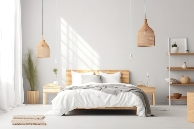 Interieur van mooie moderne slaapkamer slaapkamer met bed voor de muur Generatieve AI