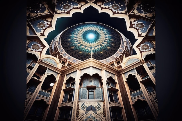 Interieur van moslimmoskee in traditioneel ontwerp kleurrijke stijl met arabische ornamenten AI gegenereerd