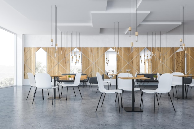 Interieur van panoramisch café met houten wanden, betonnen vloer, grijze banken en fauteuils bij salontafels en witte stoelen bij vierkante tafels. 3D-weergave