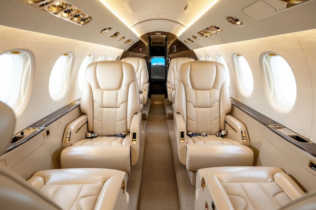 Interieur van privéjet met luxe lederen stoelen en exclusieve sfeer