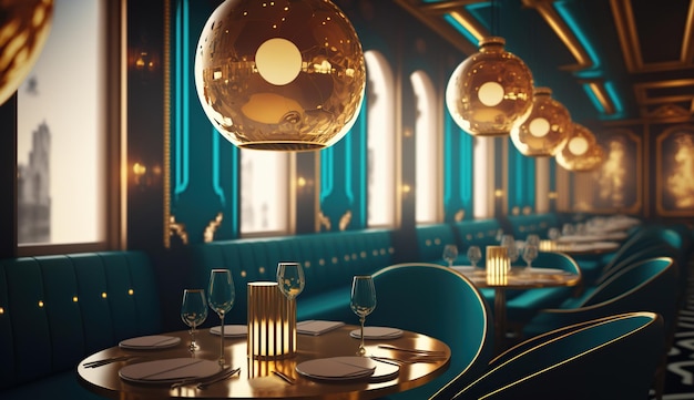 Interieur van restaurant met grote lampen in gouden licht generatieve ai