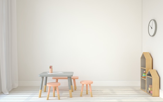 Interieur van speelkamer met tafeltje en drie stoelen. Scandinavische stijl. 3D render.