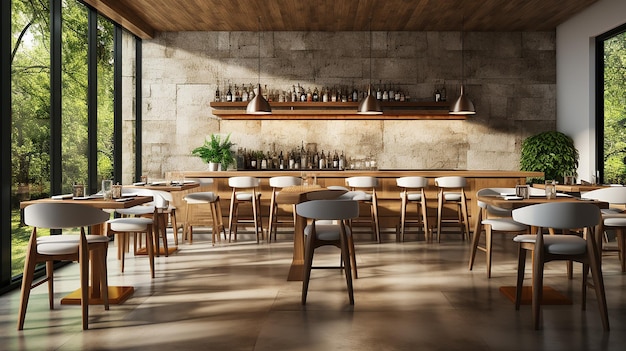 Interieur van stijlvol restaurant met witte en houten muren betonnen vloer ronde tafels met witte