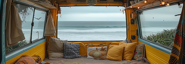 interieur van vintage busje op het strand AI gegenereerd