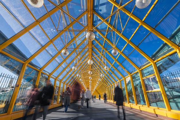 Interieur van voetgangersbrug met verfijnde metalen constructies in contrast licht Moskou Rusland