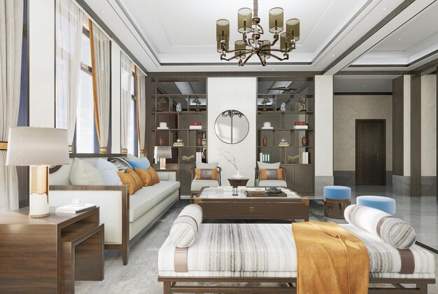 Interieur van woonkamer in moderne Chinese stijl Sofa-set en middelste tafel 3D-illustratie