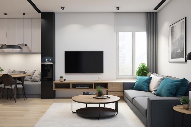 Interieur van woonkamer met bank en tv appartement