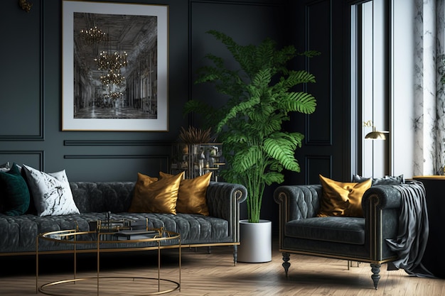 Interieur van woonkamer met een luxe industrieel design