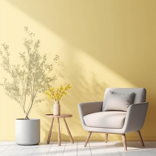 Interieur van woonkamer met fauteuil en vaas met bloemen 3d render