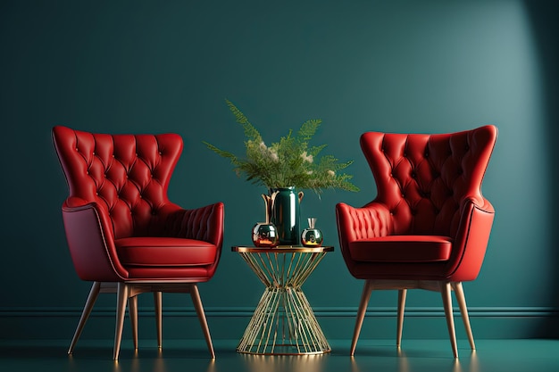 Interieur van woonkamer met groen lederen fauteuils en houten salontafels over donkerblauwe muur Wijnglas op de accenttafel en rode hakken op de vloer