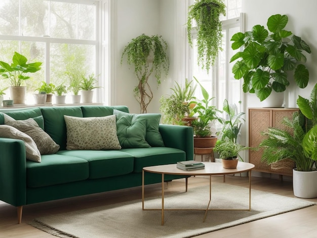 Foto interieur van woonkamer met groene kamerplanten