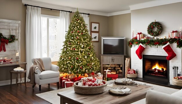 Foto interieur van woonkamer met kerstboom, open haard en leunstoel