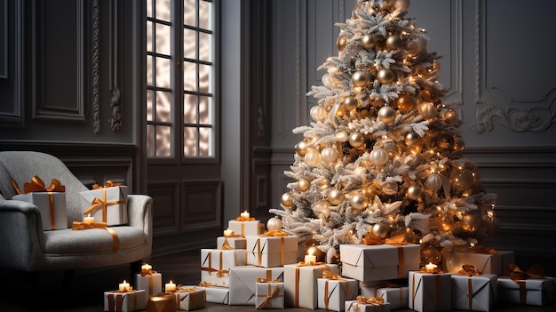 Interieur witte kerstboom met cadeautjes