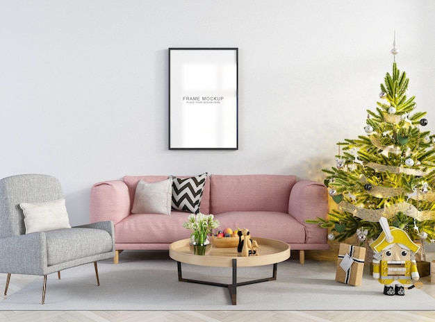 Interieur woonframes en kerstboom en stoel mockup