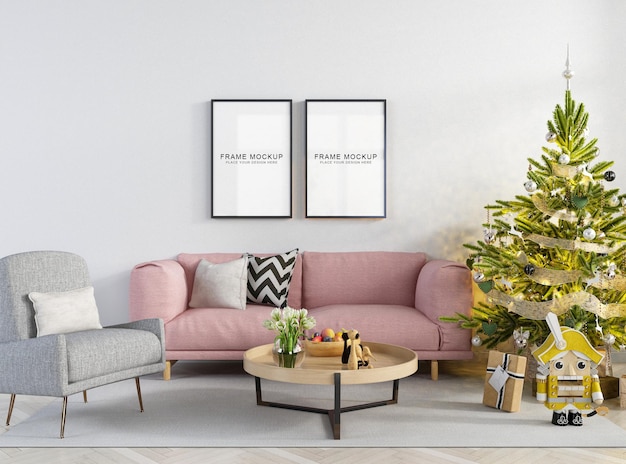 Interieur woonframes en kerstboom en stoel mockup