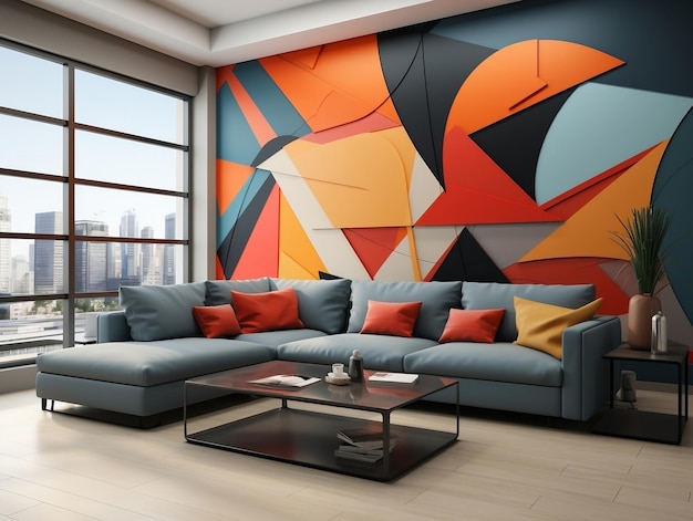 Interieur woonkamer accentmuur met strakke en moderne naadloze geometrische vorm