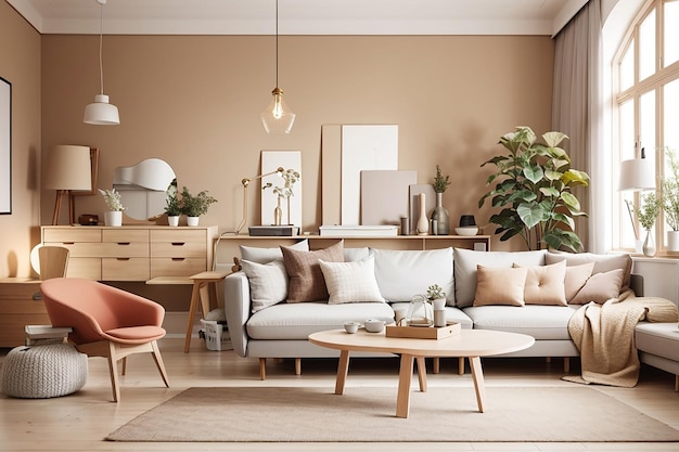 Interieur woonkamer design Scandinavische stijl in warme toon