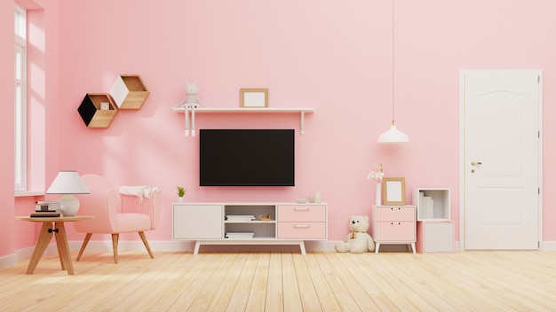 Interieur woonkamer met roze bank. renderen.