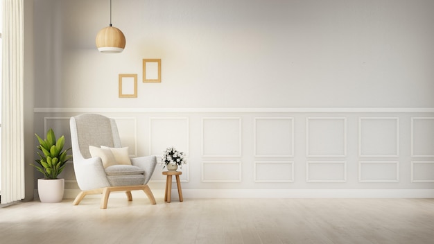 Foto interieur woonkamer met witte fauteuil. 3d-weergave